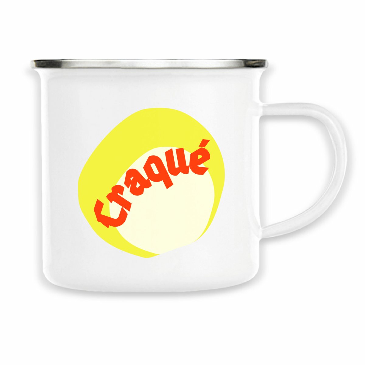 Craqué mug émaillé tampon rouge blanc jaune